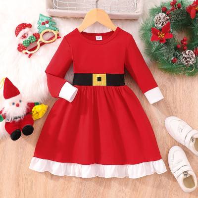 Toddler Girl Christmas Print Patchwork Long-sleeved Dress