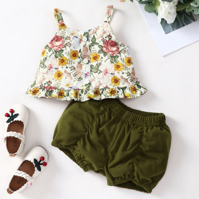 2-piece Baby Girl Allover Floral Printed Cami Top & Solid Color Shorts