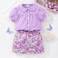 Little girl's solid color doll collar short-sleeved shirt + flower-printed shorts  Purple