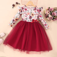 Toddler Girl Floral Printed Mesh Patchwork Fly Sleeve Dress  Red