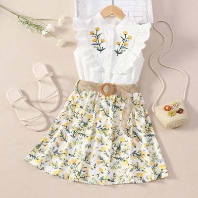 Kid Floral Tropical Lining Embroidered Sleeveless Bouse & Knee Length Skirt With Belt