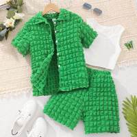 Big girl's solid color bubble plaid solid color shirt + vest shorts three-piece combination suit  Green