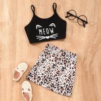 Girls cat leopard print suspender skirt suspender suit  Black