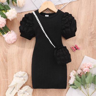 Small and medium-sized children's puff sleeve round neck solid color dress with bag