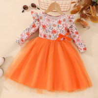 Toddler Girl Floral Printed Mesh Patchwork Fly Sleeve Dress  Orange