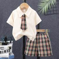 Boys solid color short-sleeved T-shirt (including tie) + plaid short-sleeved combination suit  Apricot