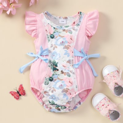 Baby Girl Ruffle-sleeve Patchwork Floral Print Bodysuit with Bowknots