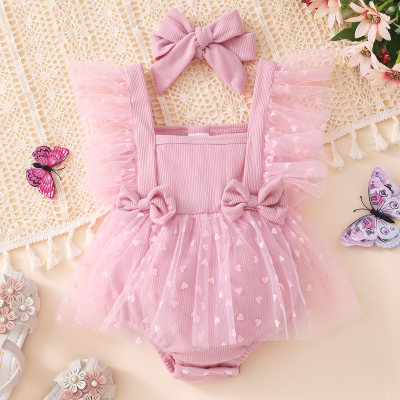 2-piece Baby Girl Solid Color Heart Pattern Mesh Patchwork Sleeveless Skirted Romper & Bowknot Headwrap