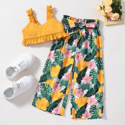 Top y pantalones bohemios de vacaciones tropicales florales para niñas pequeñas