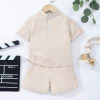 Boys' casual solid color shirt + shorts two-piece suit  Apricot