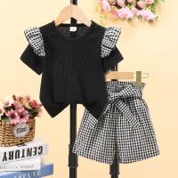 Camiseta de manga corta con patchwork a cuadros y rayas axilas para niña + pantalones cortos con lazo a cuadros  Negro