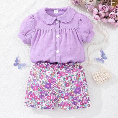 Little girl's solid color doll collar short-sleeved shirt + flower-printed shorts