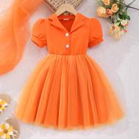 Little girl's solid color short-sleeved mesh casual dress  Orange