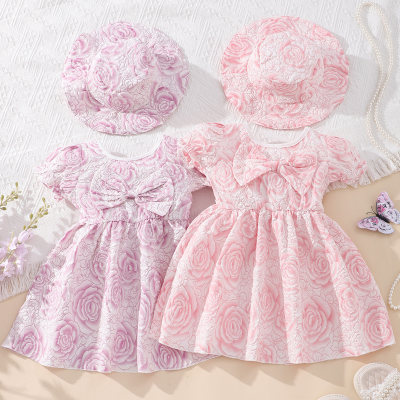 2-piece Toddler Girl Allover Floral Printed Bowknot Decor Short Sleeve Dress & Matching Hat
