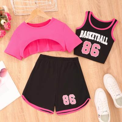Girls' casual letter printed cropped T-shirt + vest + shorts three-piece combination suit