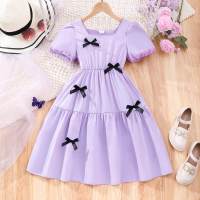 Older girl's casual solid color bow short-sleeved dress  Purple