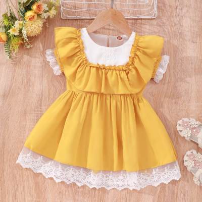 Baby girl's solid color mesh patchwork short-sleeved dress