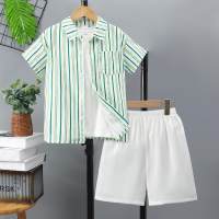 Boys' casual striped printed short-sleeved shirt + solid color shorts two-piece suit  Green