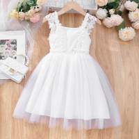 Little girl's lace suspender splicing mesh solid color dress  White