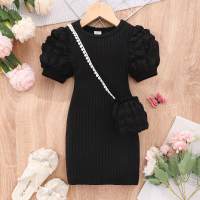 Children's puff sleeve round neck solid color dress with bag  Black