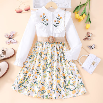 Kid Girl Ruffled Flower Embroidered Floral Patchwork Long Sleeve Dress