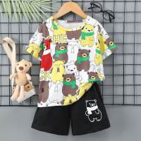 Boy's bear print short-sleeved round neck T-shirt + bear print shorts  Multicolor