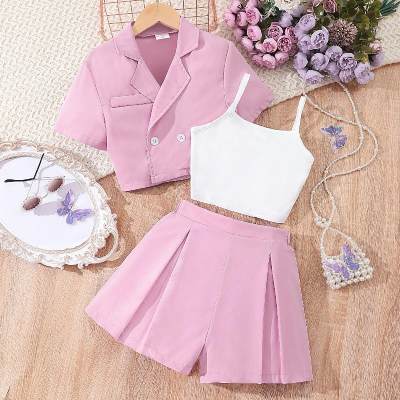 Girls' casual solid color lapel shirt + camisole + solid color shorts three-piece set