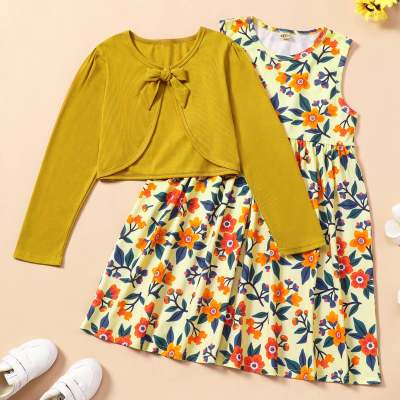 Kid Floral Sleeveless Dress & Bowknot Decor Solid Color Long Sleeve Top