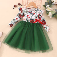 Vestido de niña con estampado floral y manga de mosca con patchwork de malla  Verde