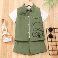 Boys 2-piece lapel shirt with bear letter print + solid color shorts set  Green
