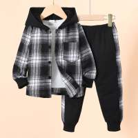 2-piece Toddler Boy Plaid Hooded Button-up Jacket & Plaid Patchwork Pants  Black