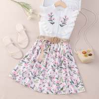 Kid Floral Tropical Lining Embroidered Sleeveless Bouse & Knee Length Skirt With Belt  Pink