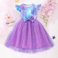 Little girl's sleeveless round neck bow mesh dress  Purple