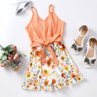 Kids Girls Summer Bsuspender Floral Shorts  Orange