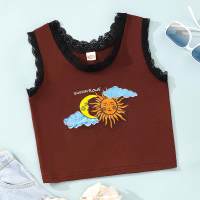 Older girl's sun and moon print lace vest  Brown