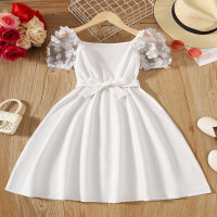 Mesh floral puff sleeve dress  White