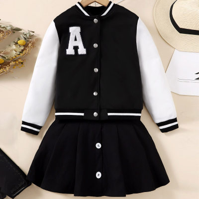 2-piece Kid Girl Color-block Patchwork Letter Pattern Button-up Baseball Jacket & Matching Skirt