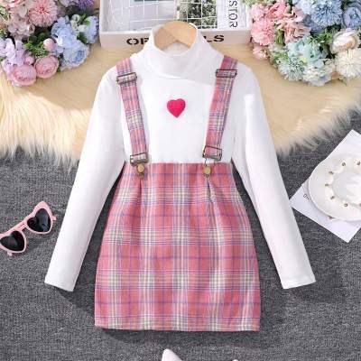 Kid Girl Plaid Suspender Dress & Heart Print Top