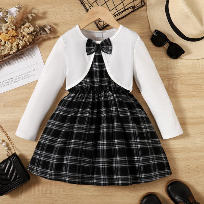 Toddler Girl Fake Two-piece Spliced ​​Plaid Long Sleeve Dress