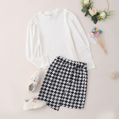 2-piece Kid Girl Solid Color Long Gigot Sleeve Top & Houndstooth Button Front Irregular Skirt