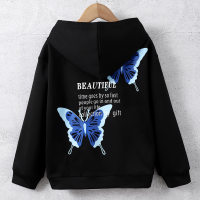 Kid Girl Letter and Butterfly Printed Hoodie  Black