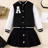 2-piece Kid Girl Color-block Patchwork Letter Pattern Button-up Baseball Jacket & Matching Skirt  Black