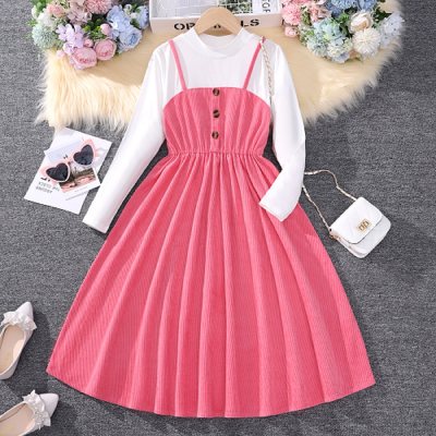 Kid Girl Solid Color Button Front Long Sleeve Dress