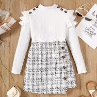 2-piece Kid Girl Solid Color Ruffled Long Sleeve Top & Button Front Tweed Skirt  White