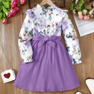 Vestido y cinturón de manga larga con estampado floral integral para niña y niño de 2 piezas
