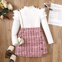 2-piece Kid Girl Solid Color Ruffled Long Sleeve Top & Button Front Tweed Skirt  Pink