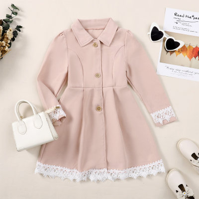 Kid Solid Color Lace Polo Collar Lapel Dress