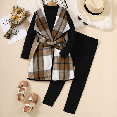 3-piece Kid Girl Solid Color Turtle Neck Long Sleeve Top & Plaid Sleeveless Long Coat & Matching Leggings