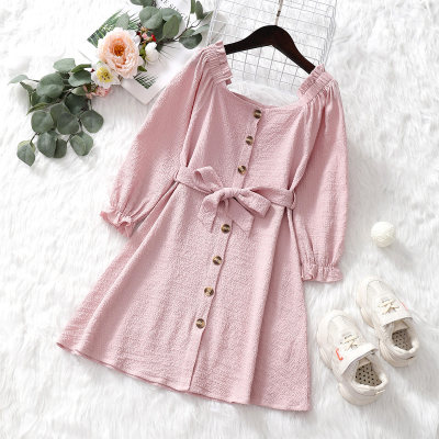 2-piece Kid Girl Solid Color Square Neck Button Front Long Sleeve Dress & Bowknot Belt