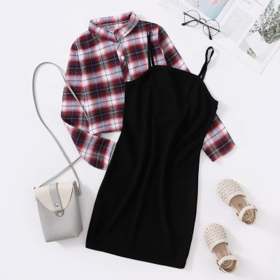 2-piece Kid Girl Solid Color Cami Dress & Plaid Button-up Shirt